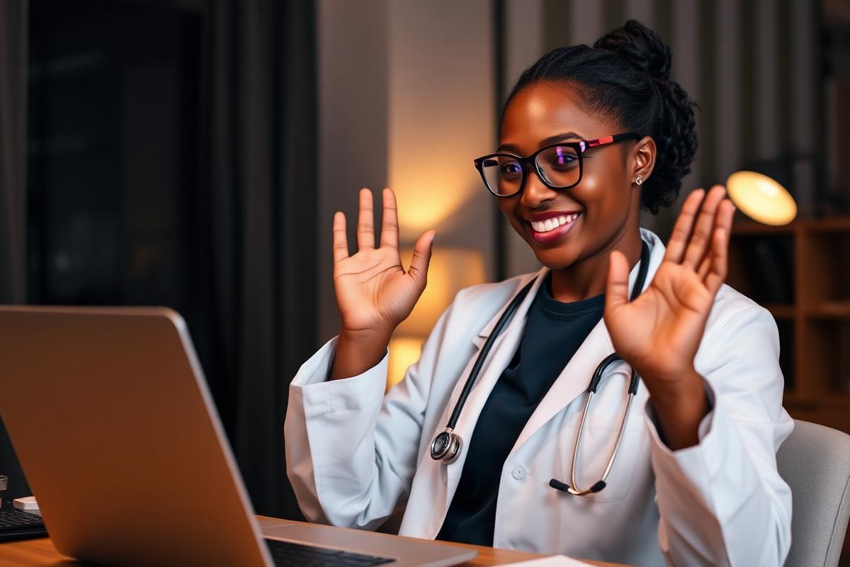 Médica sorrindo e acenando durante uma teleconsulta no notebook